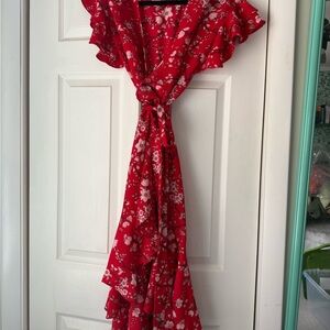 Max Studio Red Floral Wrap Knot-Front Maxi Dress